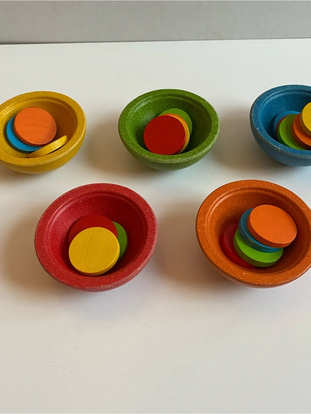 Plan Toys Sort & Count Cups | Colorful Wooden Sorting Bowls & Coins Set